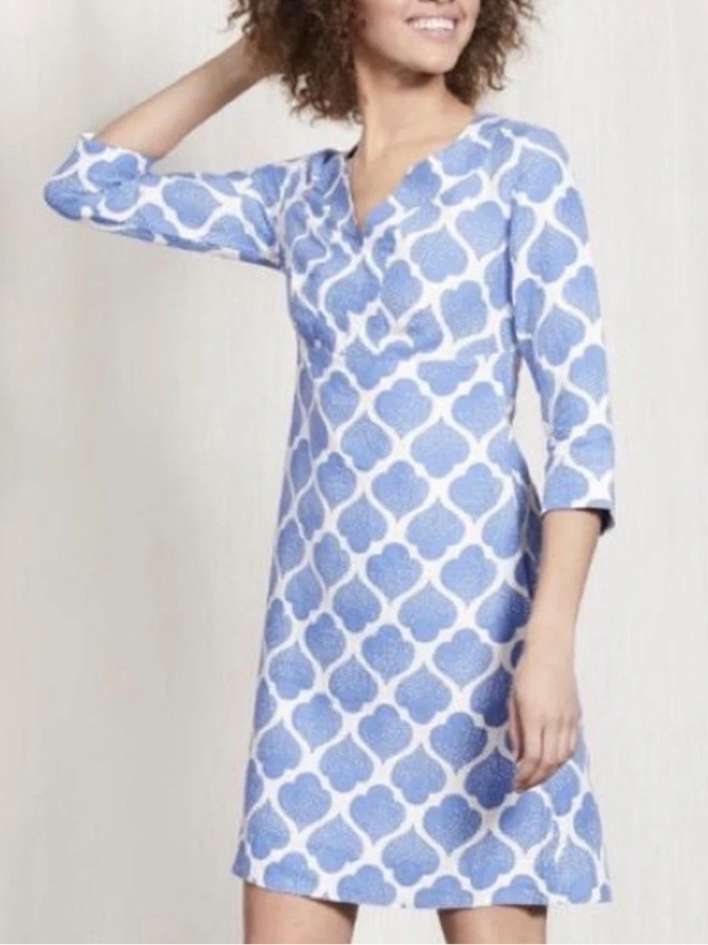 Boden Dress Womens 4 Petite Geometric Linen V Neck Pockets 3/4 Sleeve Resort